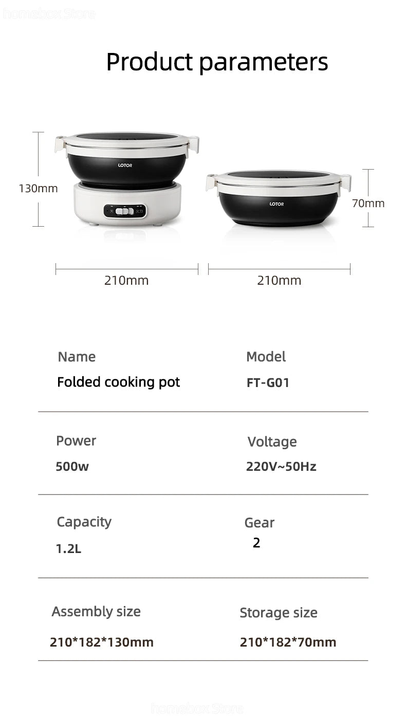 1.2L Folded Electric Cooking Pot Portable Multicooker Travel Rice Cooker Split Hot Pot 304 Stainless Steel Electric Skillt 500W