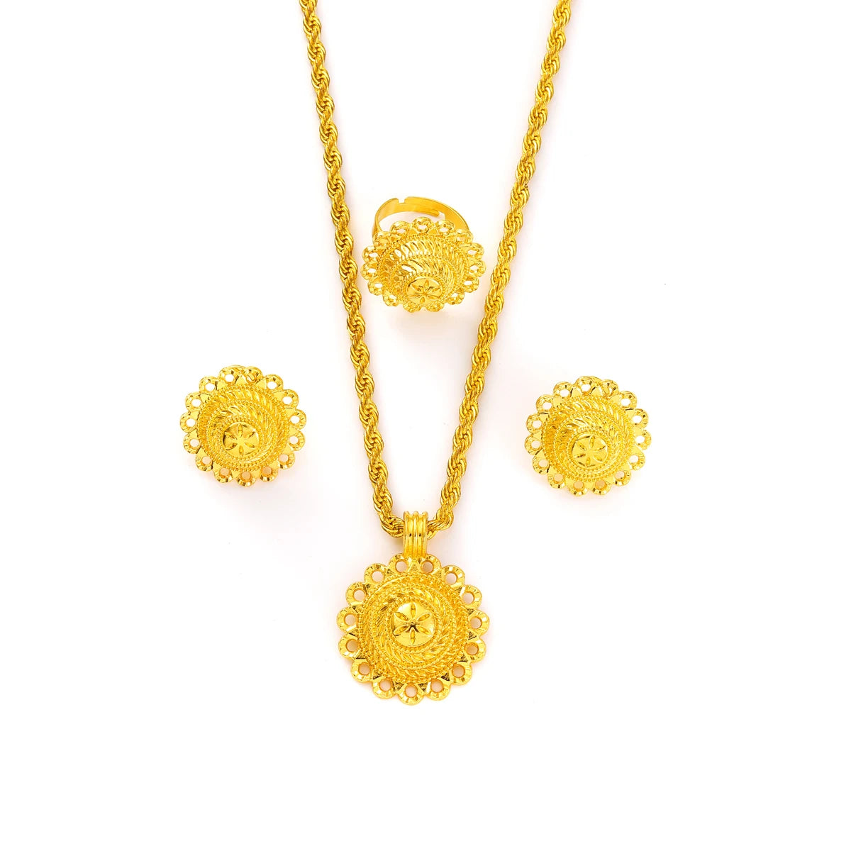 Gold Color Ethiopian Jewelry Sets Necklace Earrings Ring 3-piece Sets Dubai Wedding Bride Sets African Gifts #TZ048