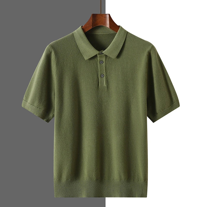2025 Classic Polo Neck T-Shirt Pullover Men Knitwear Wool Lyocell Blend Sweater Short Sleeved Cool High-Quality Clothing Tops