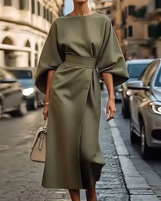 2025 Women's Fashion Temperament Elegant Solid Color Waist Dress Casual Bat Sleeve Long Skirt Vestidos De Mujer
