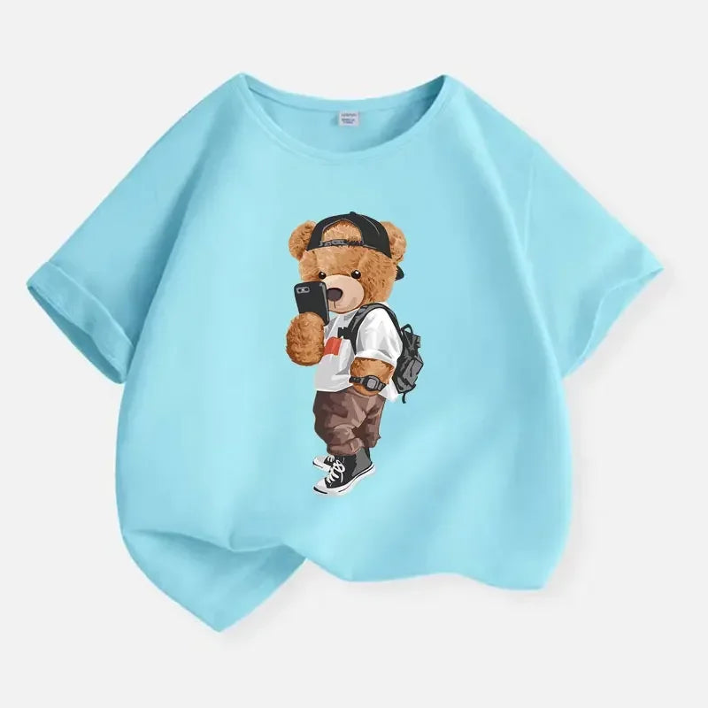 New 2026 Summer Fashion Children's Cool Bear Cartoon T-shirt Boys T Shirt Boys Clothes Print Cotton T Shirts Kids Clothes