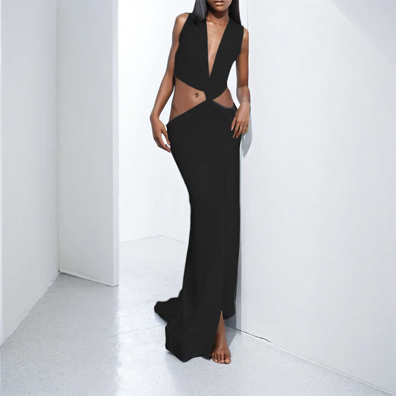 DEAT Spring New Arrival Fashion Hollow Out Sleeveless Dresses For Women Trendy Split V-neck Irregular Dress Female 11A03623
