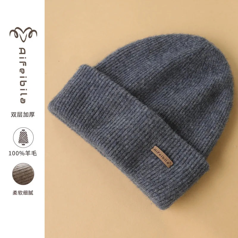 100% Merino Wool Double-Sided Beanie for Men Women Thick Soft Warm Winter Skull Caps Solid Color Knitted Beanies Hat
