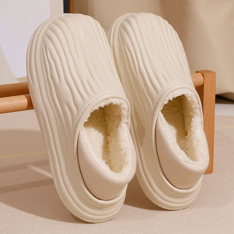 New EVA Short Plush Waterproof couples Slippers Winter Warm striped women Cotton Shoes Soft Thick Comfort Home floors Slides