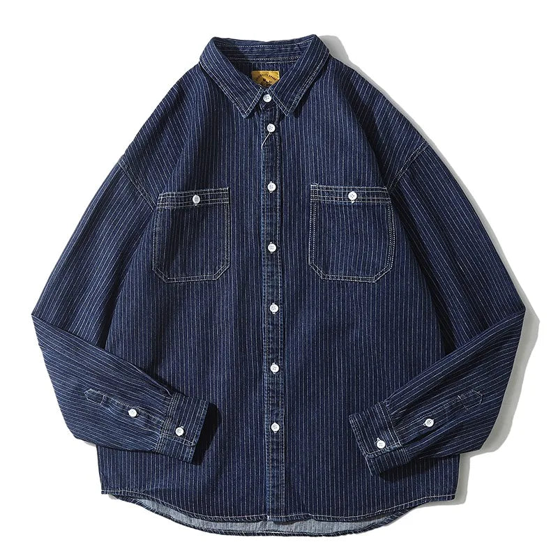 Retro Striped Loose Fit Long Sve Collared Men's Denim irt Spring Faion Workwear Jaet Youthful Wear Resistant Chinese...