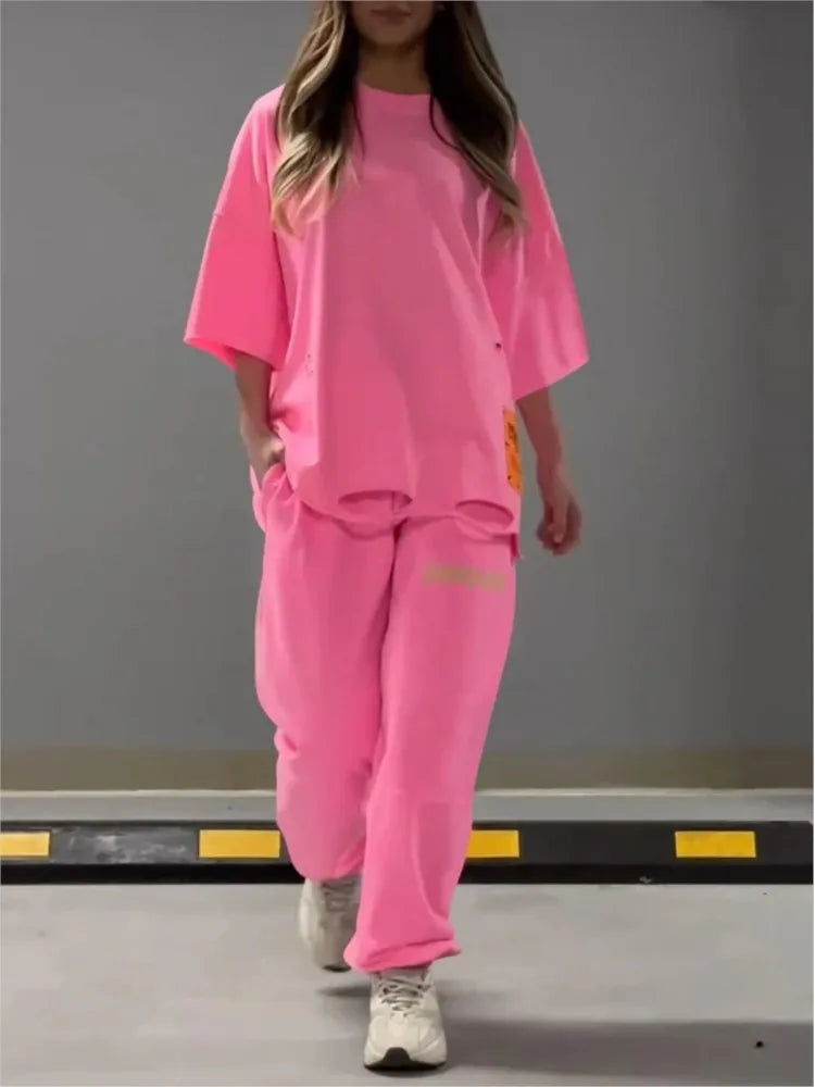 Summer New Fashion Hollowed Out O Neck T Shirt Women's 2 Piece Set Solid Color Casual Relaxed Tracksuit Pants Pocket Female Suit