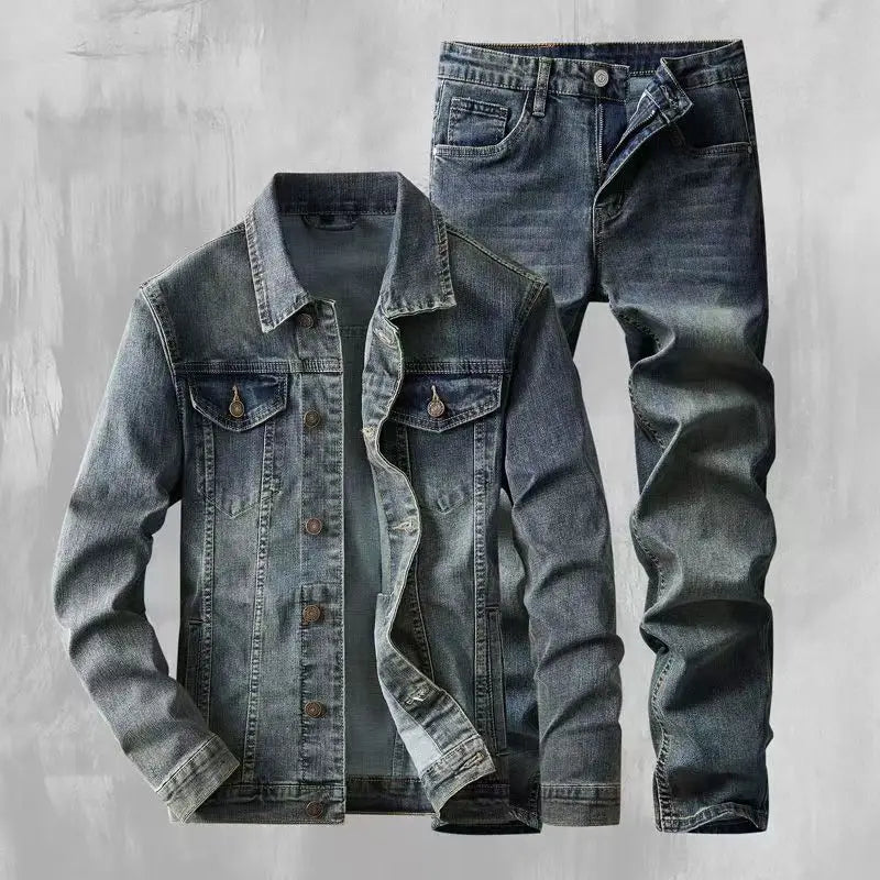 Spring Autumn New American Denim Coats Set Classic Simple and Versatile Washed Elastic Cowboy Jeans Clothes For Men