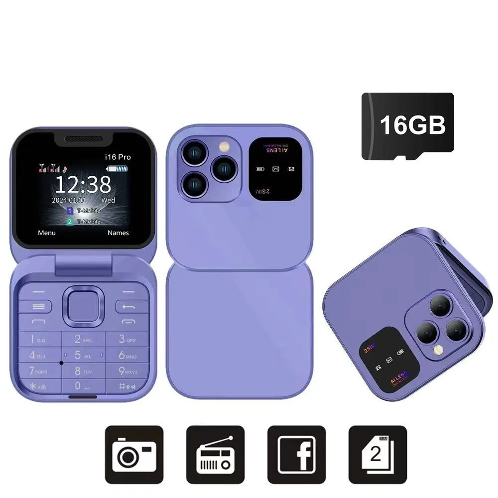 SERVO i16 Pro Mini Flip Mobile Phone Dual SIM Card Speed Dial Magic Voice Blacklist FM Radio 2G GSM Cute Foldable Cellular Phone