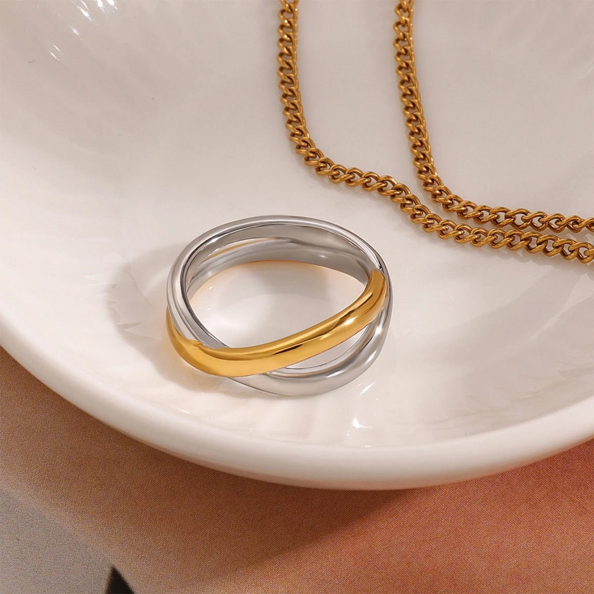 Uworld Classic Two tone Ring Line Wrapping Ring Stackable Ring Women's Jewelry Gift for Her