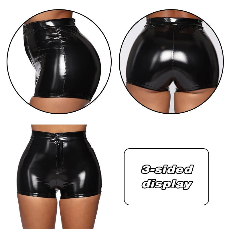 New Sexy Nightclub Costumes Skinny Shorts Women PU Leather Shorts High Waist Solid Button Black Shorts Summer Wet Look Leather
