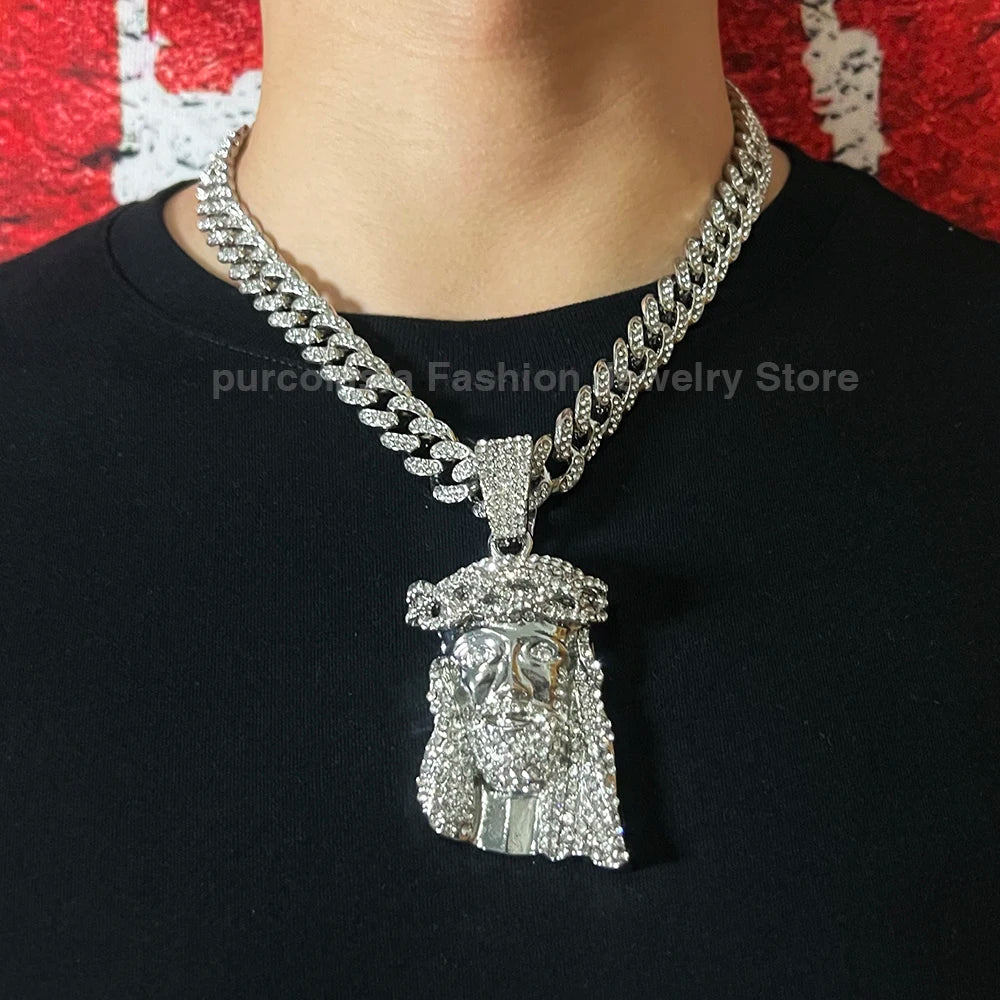 Men Hip Hop Rapper Popular Necklace Religious Jesus Portrait Pendant Rhinestones Cuban Chain Jewelry