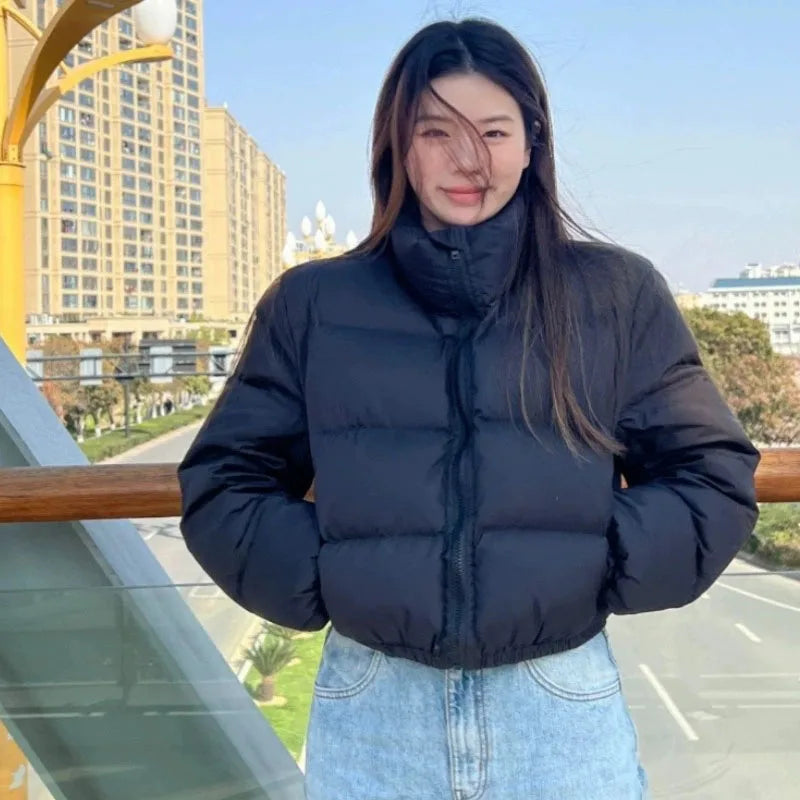 Casual Cropped Parkas for Women Winter New Loose Stand Collar Thick Warm Quilted Jacket Versatile Zipper Long Sleeve Bread Coat