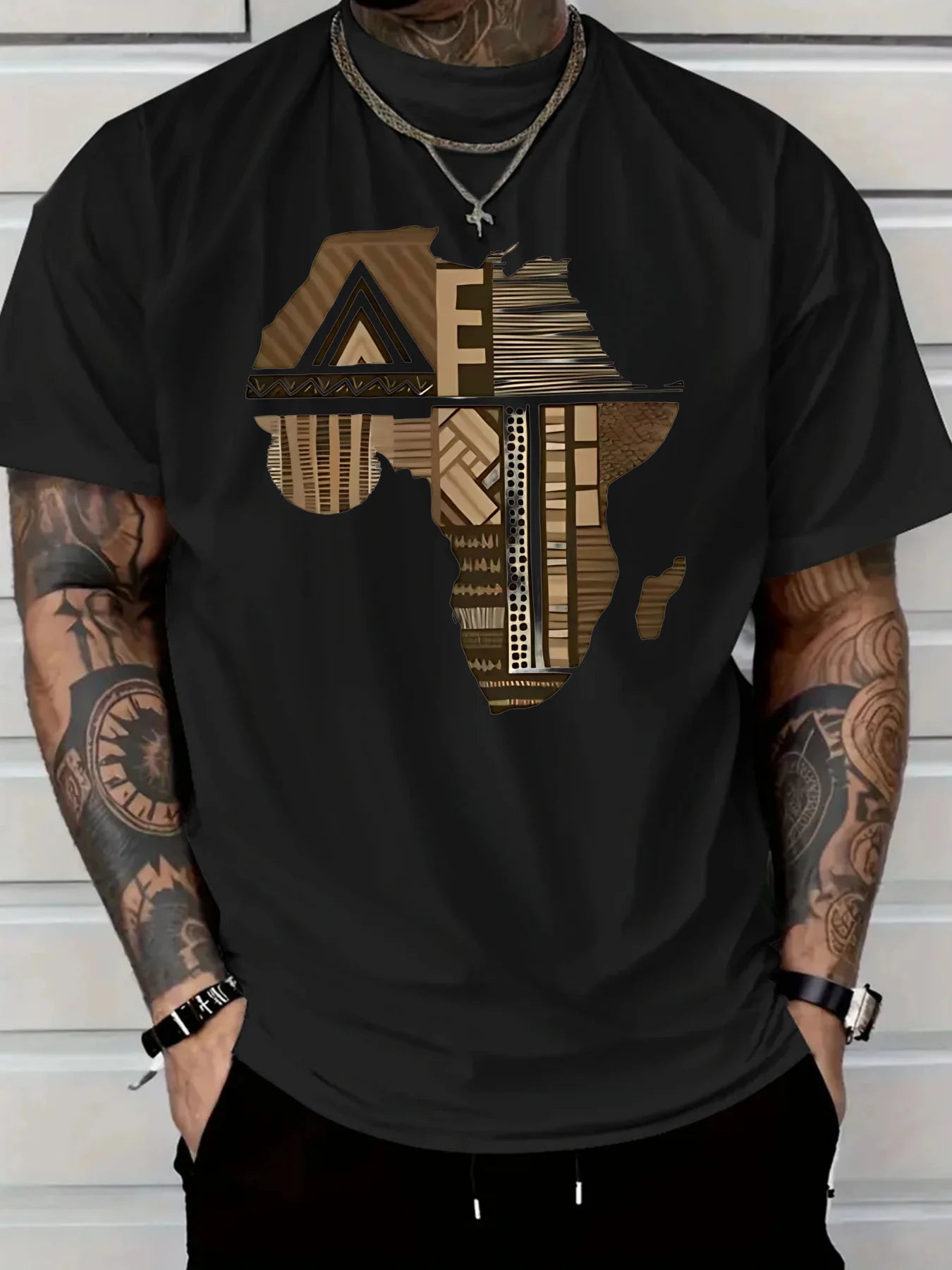 Men'S Plus Size White T-Shirt with Africa-Inspired Golden Print - Comfort Fit Lightweight Breathable