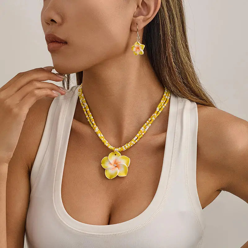 Egg Flower Earrings Necklaces Set Pendant Bohemia Flower Necklaces Earrings Drop Earrings Choker Vacation Style Jewelry Girl