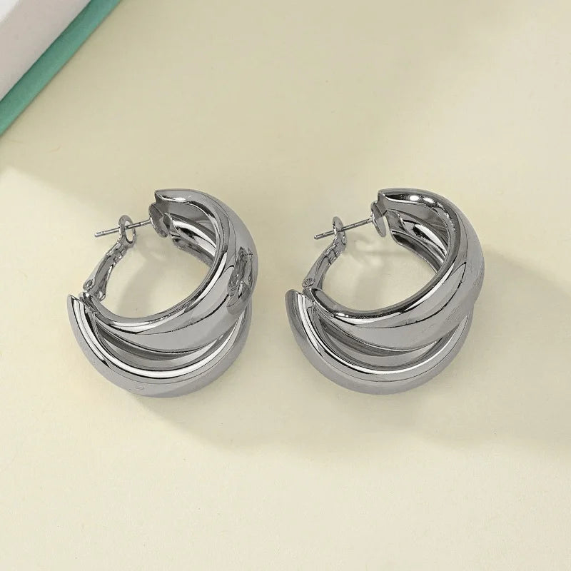 C Shaped Chunky Hoop Earrings for Women Girls Gold Color Double Ring Thick Geometric Drop Earrings Statement Jewelry Gift