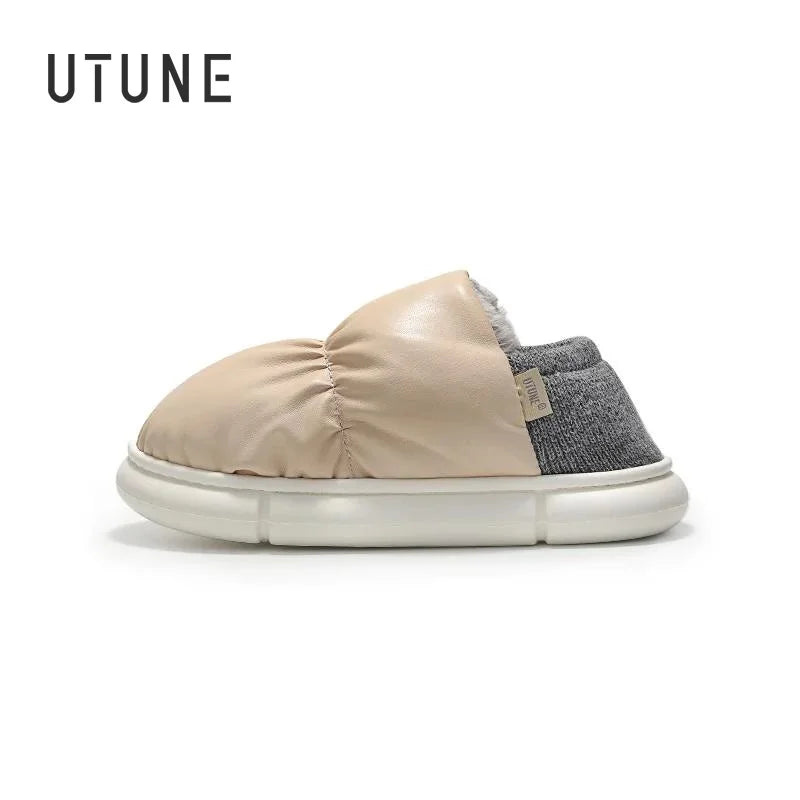 UTUNE Unisex Indoor Warm Plush Slippers Waterproof Lightweight Soft Sole Outdoor Cozy Down Cotton Shoes 2025 Winter New Non-Slip