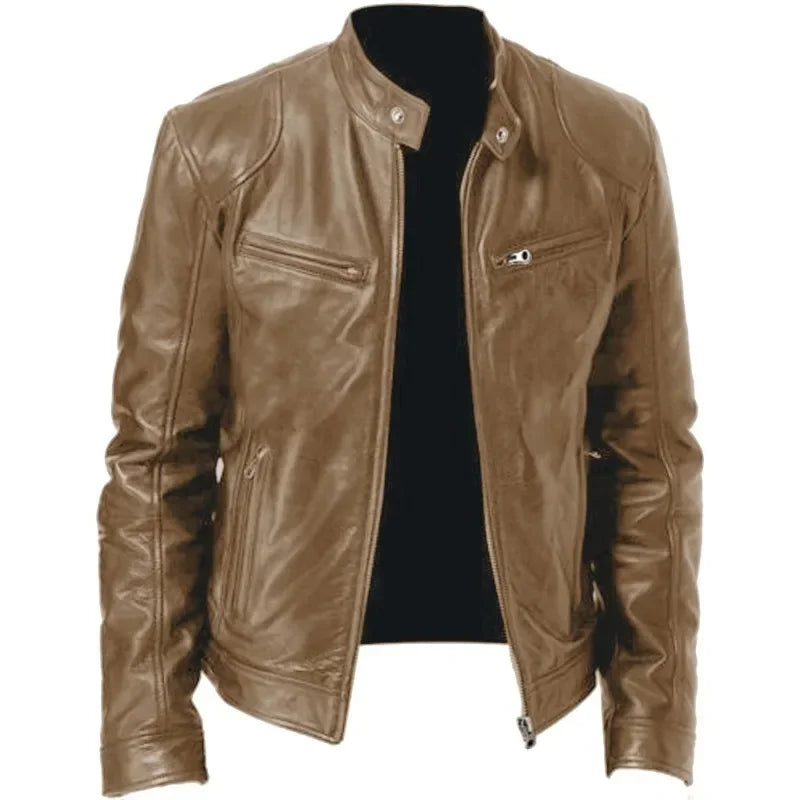 2024 Fashion Mens Leather Jacket Slim Fit Stand Collar PU Jacket Male Anti-wind Motorcycle Lapel Diagonal Zipper Jackets Spring