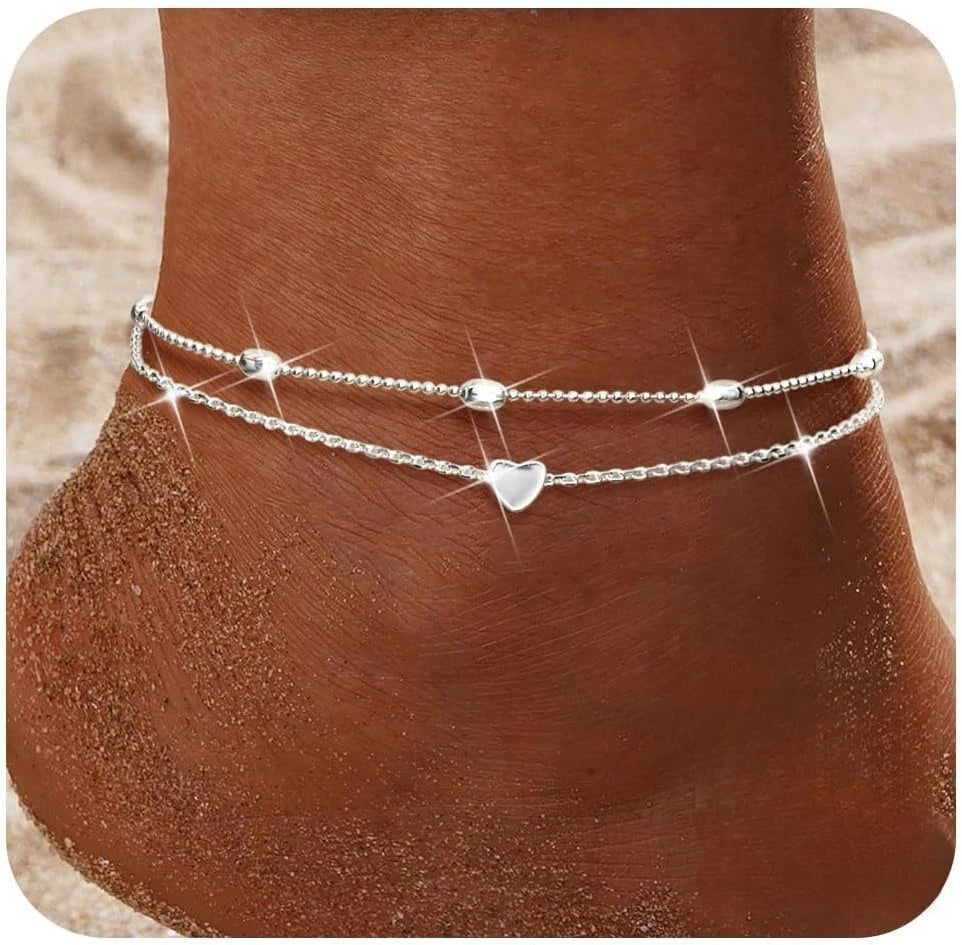 Bobisty Ankle Bracelets for Women Silver Buckle Waterproof Dainty Anklets Adjustable Layered Heart Anklets Summer Jewelry Gift