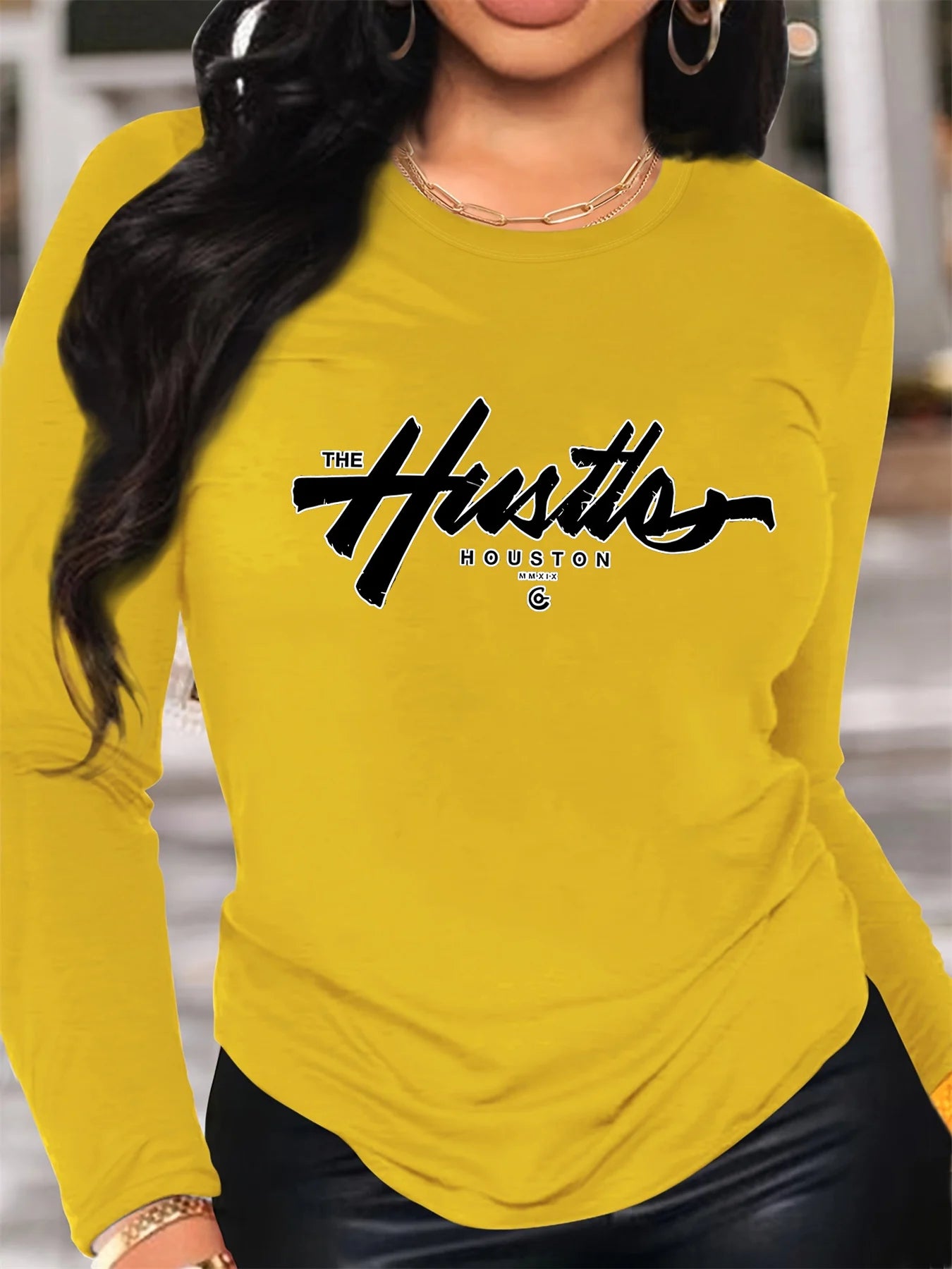 100% pure cotton women's spring and autumn comfortable casual long sleeved Houston letter graphic printed round neck T-shirt