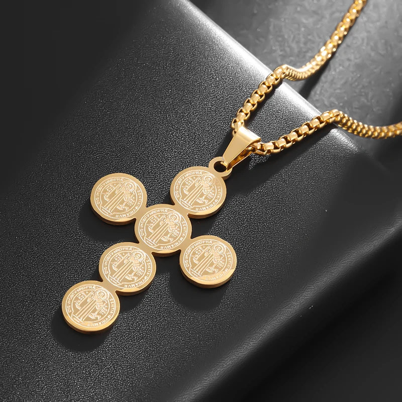 Stainless Steel Christian Saint Benedict Cross Pendant Necklace for Men's Fashionable Retro Religious Lucky Talisman Jewelry