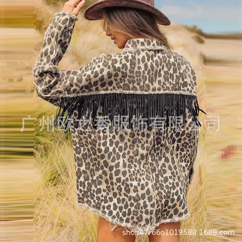 Women Spring Diamonds Beaded Tassels Washed Old Leopard Printed Denim Jacket Fringed Jeans Coat Cowboy Cardigan Streetwear Tops