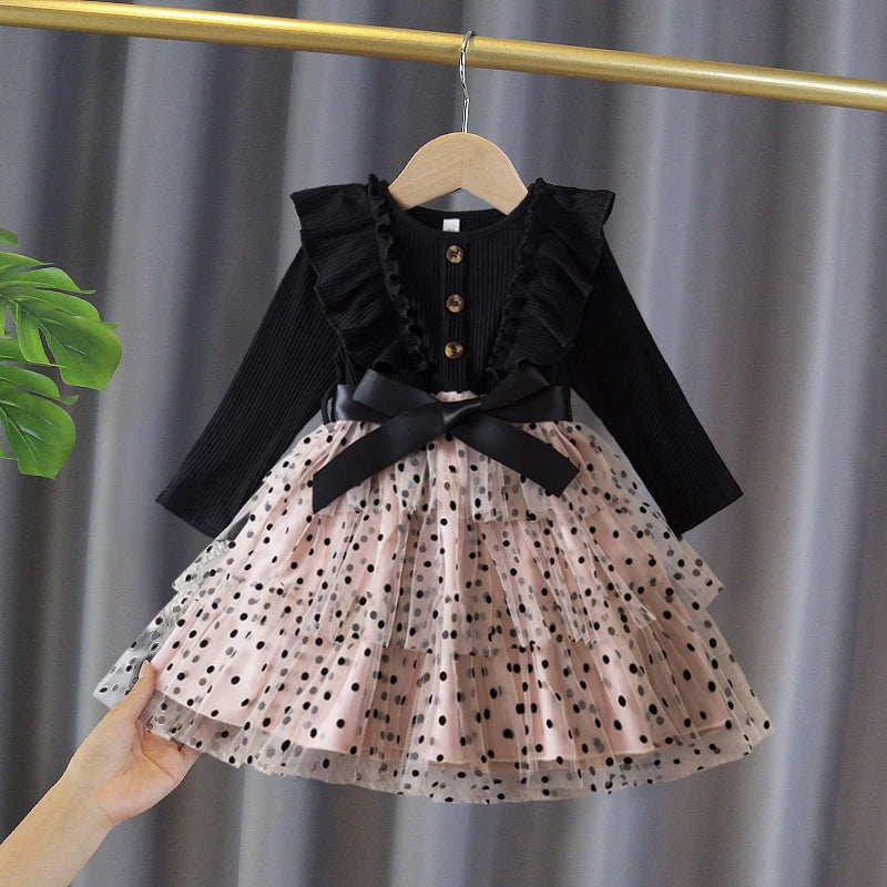2025 New Kids Dresses for Girls Long Sleeve Fall Dress Polka Dot Birthday Party Costume Autumn Winter Dress Children Clothing