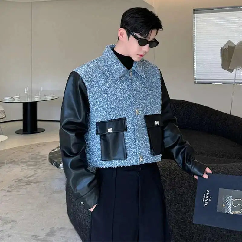 LUZHEN Spring Fabric Short Fashion Jackets Patchwork Faux Leather Color Contrast Trendy Casual Outerwear Male Clothes LZ6326
