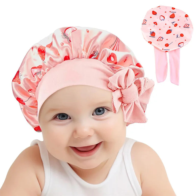 Adjustable Silky Satin Cap Cartoon Baby Kids Print Satin Bonnet Sleep Hat Cap for Curly Hair