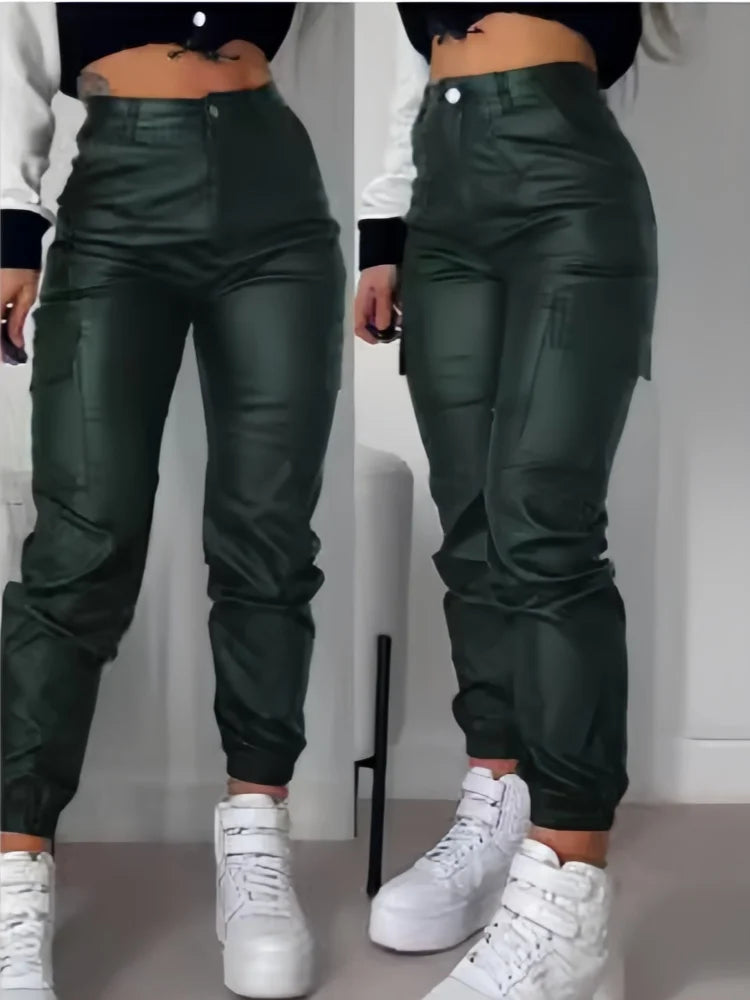 Women's PU Trousers Zipper Pleated Multiple Pocket Fashion Casual High Waisted Patch Bag Tight Foot Aesthetic Long Cargo Pants