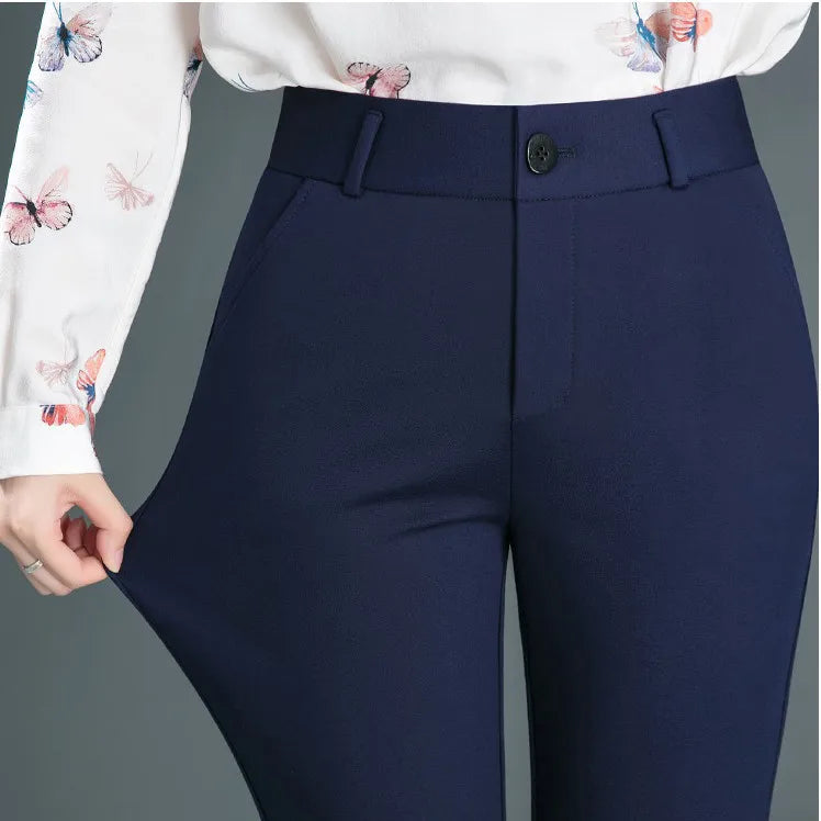Spring Autumn Casual Button Elastic Mid Waist Black&Navy Blue Straight Trousers Office Lady Quick Drying Suit Pants Female