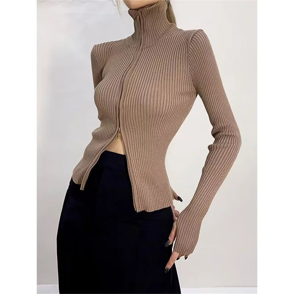Fashion Korean New Spring Women High Elastic Slim Knitted Cardigan Woman Zipper Turtleneck Knitwear Long Sleeve Sweater Coat