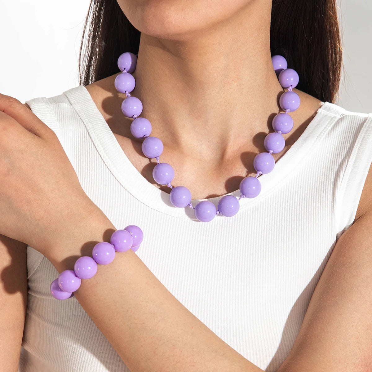Docona Fashion Colorful Resin Big Beads Necklace Bracelet Set for Women Personality Originality Holiday Jewelry Accessories Gift