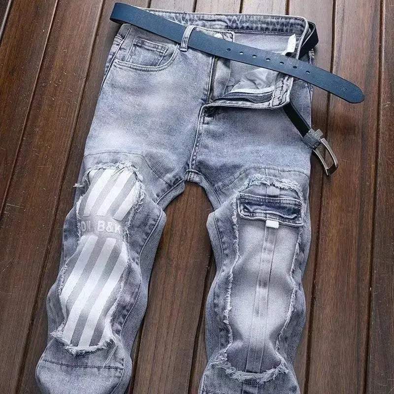 New Spring Autumn Wash Denim Korean Style Blue Designer Cowboy Cycling Motorcycle Splice Vintage Cargo Strech Pant Jean Trousers