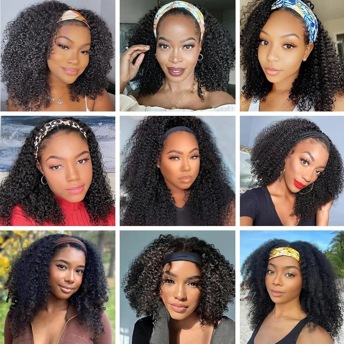 Kinky Curly Human Hair Wig 16 inch Natural Color No Gel Remy Hai Machine Made Headband Curly Scarf Wig for Black Women