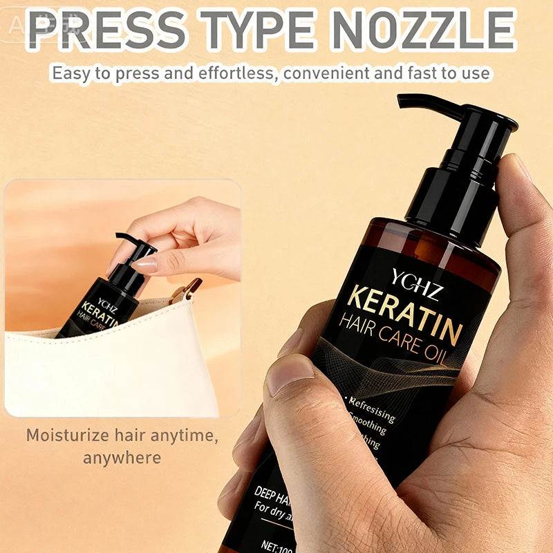Keratin Hair Oil, Nourishes and Protects Hair, Effective Moisturizing Care, Instantly Makes Hair Shiny and Smooth, with a Charming Fragrance, Suitable for All Types of Dry and Frizzy Hair