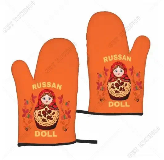 Fashion Print Russian Babushka Matryoshka Doll Set of 2 Kitchen Gloves Women Men Oven Gloves Heat Resistant for BBQ Cooking
