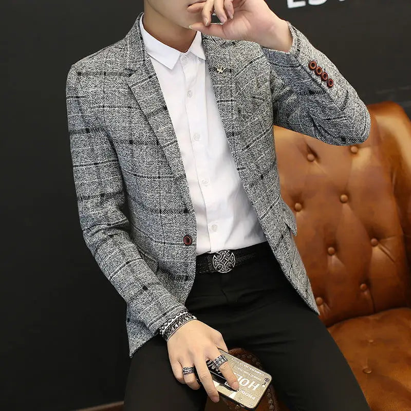 New Men's Suit Jacket 2021 Spring Autumn Street Men's Plaid Suit Jacket Casual Business Brand Clothing Men Slim Blazer Masculino