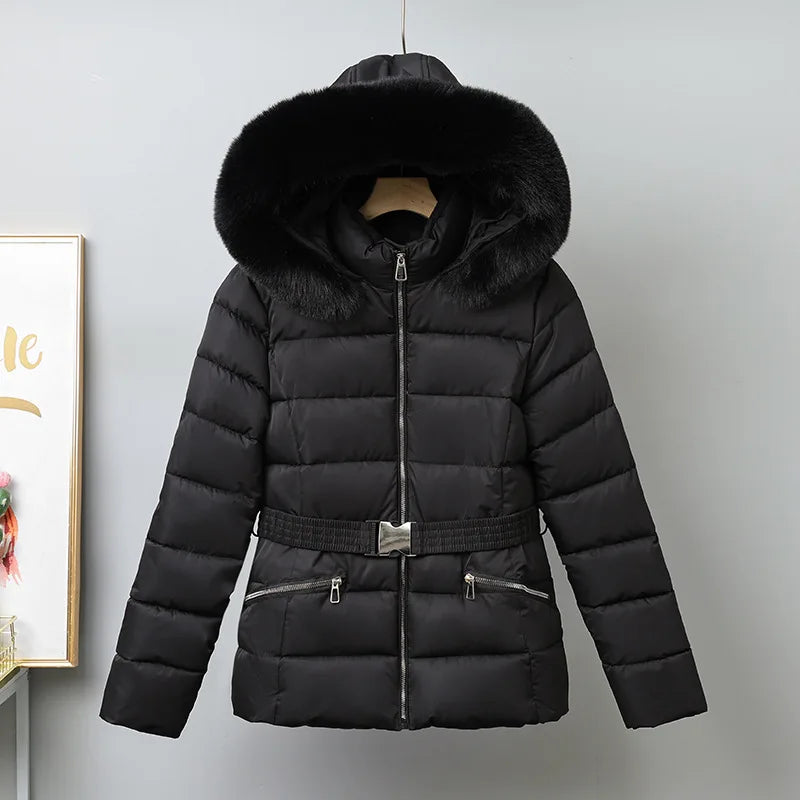 Winter Large Fur Coat Women With Belt Hooded Fur Collar Puffer Jacket Women New Warm Loose Parka Ladies Cotton Padded Overwear