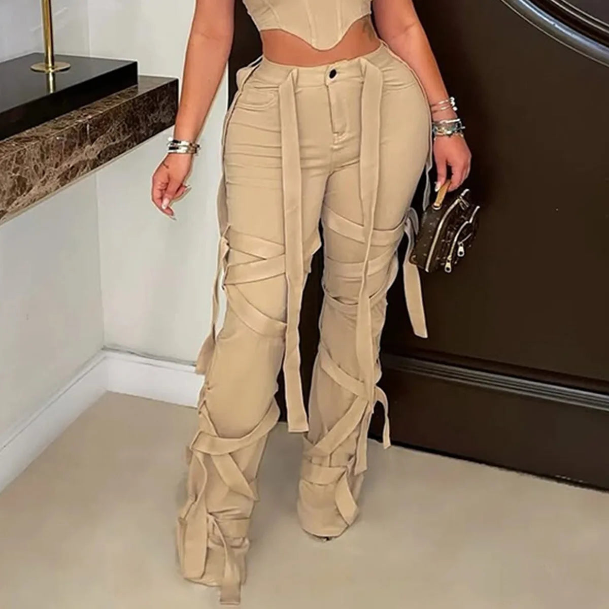 CM.YAYA Active Women High Waist Straight Mult Ribbon Long Pants 2025 Fall Casual Cargo Sweatpants Streetwear Classic Trousers