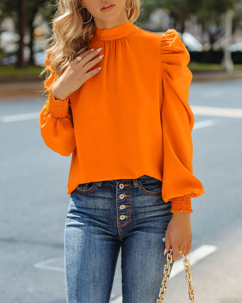 Elegant Blouse for Women Autumn/winter Mock Neck Shirred Puff Sleeve Top Loose Fit Shirt New In Office Lady Pullover Work Blouse