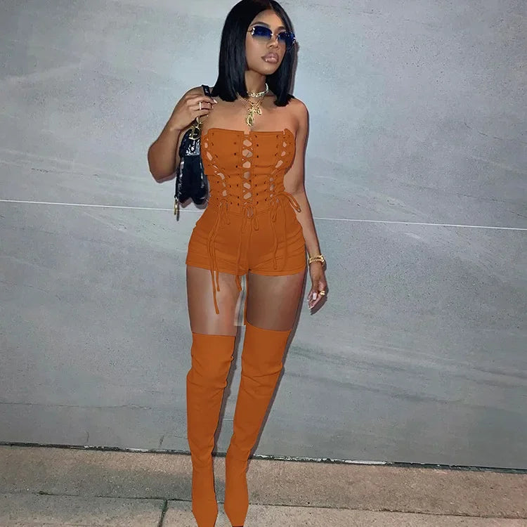CM.YAYA Women Lace Up Strapless High Waist Romper Playsuit 2022 Spring Summer Sexy Party Clubwear Bodycon One Piece Overalls