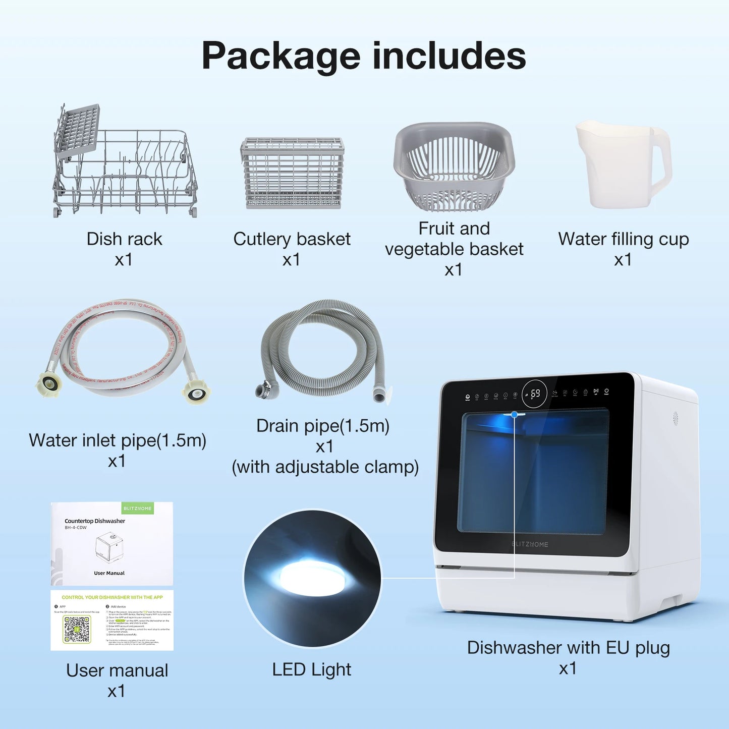 BLITZHOME BH-4-CDW Compact Smart Countertop Dishwasher APP Control 8 Programs 3D 360° Dual Spray With 5L Built-in Water Tank