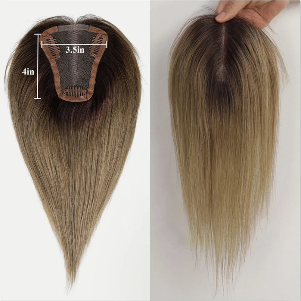 100% Real Human Hair Toppers for Women Ombre Brown Blonde Hair Topper 3.5*4 inch Lace Base Clip in Hair Extensions for Hair Loss