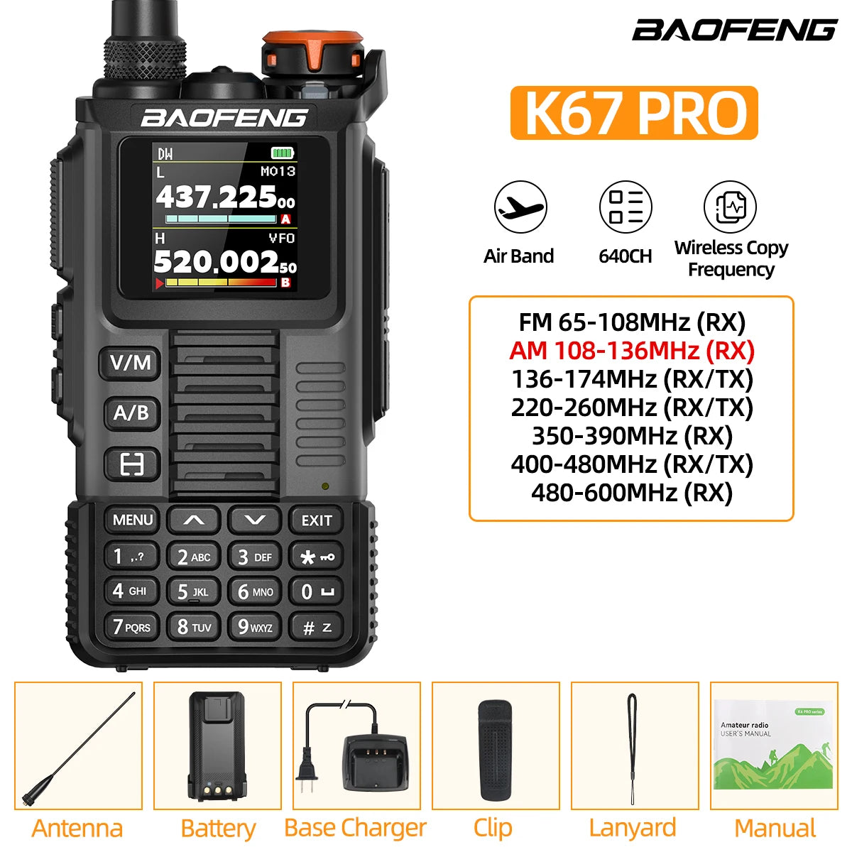 Baofeng UV-K67 PRO Walkie Talkie Long Range Multi Band Wireless Copy Frequency DTMF 640CH NOAA Type-C Ham Two Way Radio UV-5R