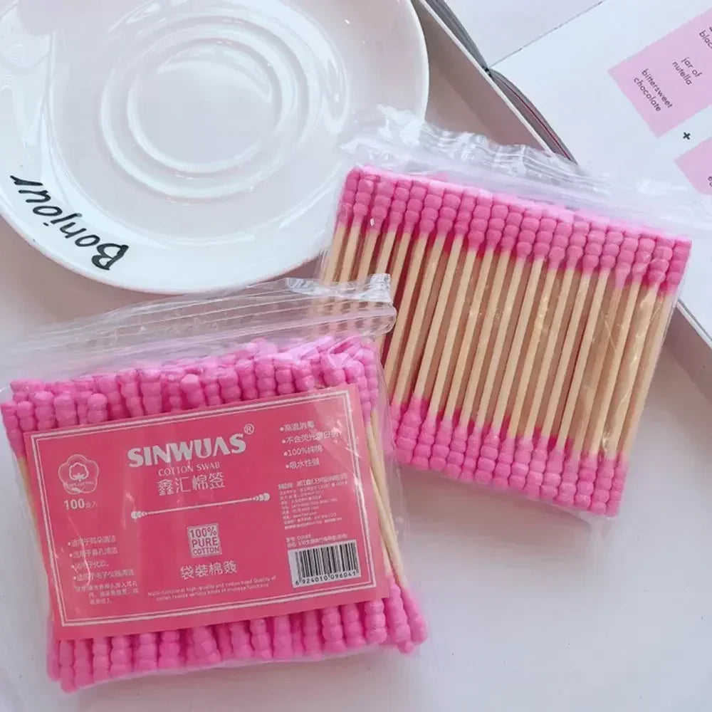 100-300Pcs Pink Double Head Cotton Swab Sticks Cotton Buds Tip for Medical Nose Ears Cleaning Accessories Female Make Up Remover