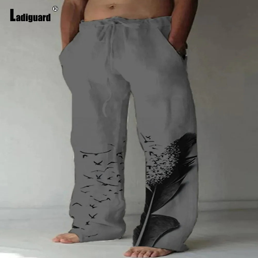 Plus Size 5xl Mens Loose Pants 2025 Summer Casual Linen Pants Male Fashion Print Trouser Men Patchwork Drawstring Leisure Pant