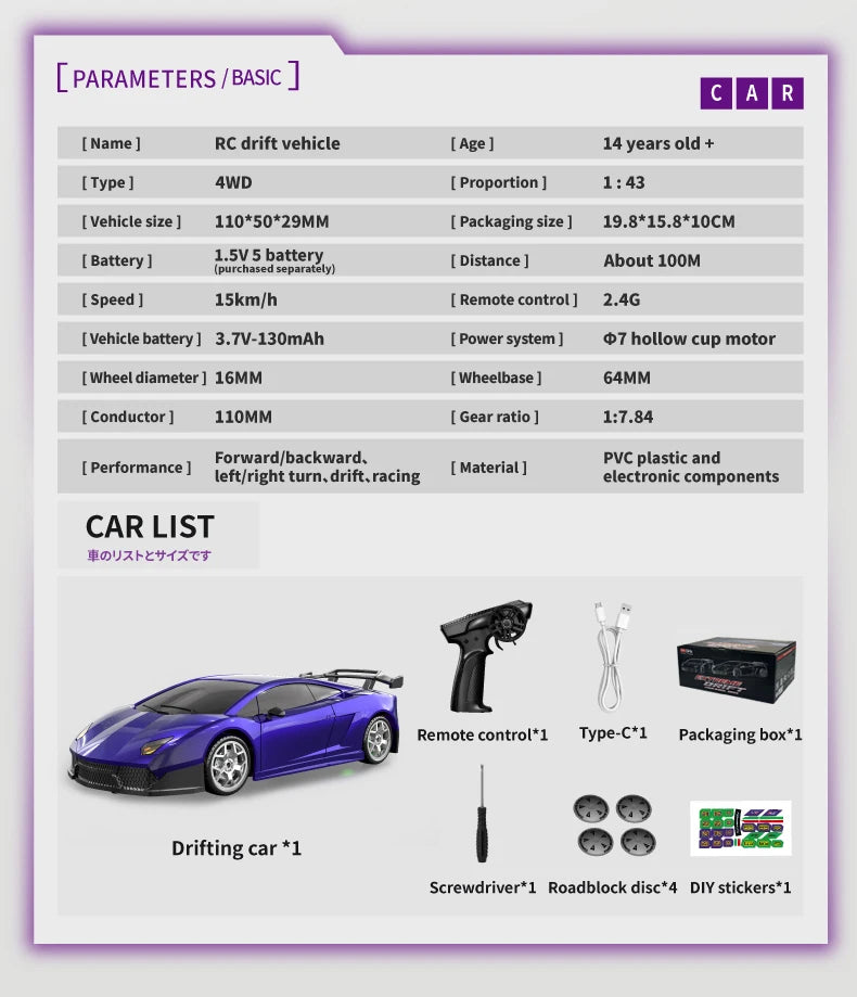 Model 2198: 1:43 Scale 4WD Remote Control Drift Toy Car with Smooth Handling and Realistic Drifting Effects