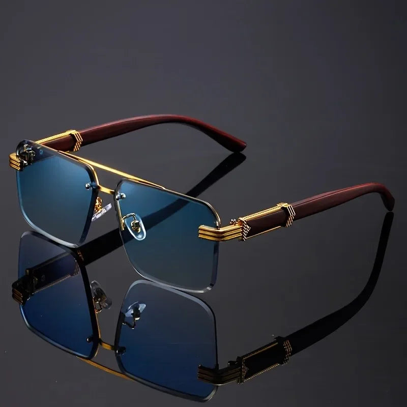Women's Frameless Double Beam Fashion Sunglasses Golden Border Wood Grain Bracket for Male and Female Drivers Black Eyeglasses