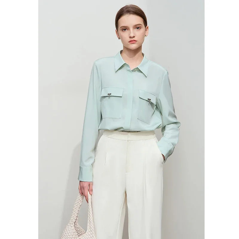 AMII Minimalist Chiffon Shirt Women 2025 Spring New Temperament Gentle Lapel Bamboo Work Pocket Concealed Button Tops 12521032