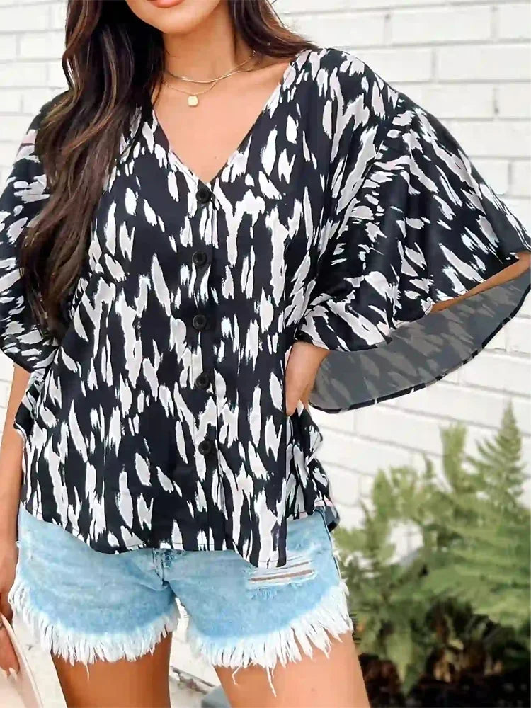 Plus Size Women's Shirt, Spotted Printed Cardigan Button V Neck Top. Casual and Fashionable Summer Clothing